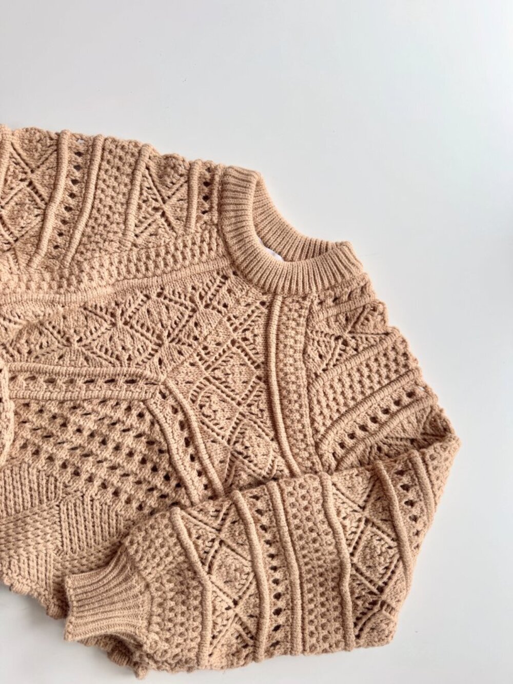 ZARA Tan Acrylic Wool Crochet Pointelle Knit Puff Sleeve Sweater, Size M - Picture 7 of 14